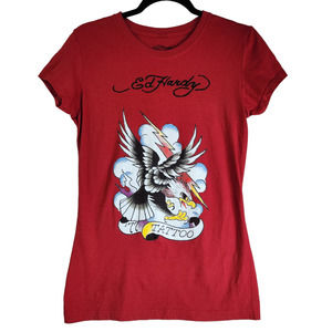 Ed Hardy Women Shirt Top SZ XL Red Eagle '77 Tattoo Short Sleeve Y2K Lightening